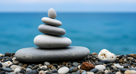A balanced stack of smooth gray stones on a pebbly shore, overlooking a serene blue ocean in the background.