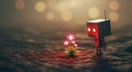 Curious Robot Discovering a Magical Glowing Flower in a Desolate Landscape