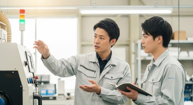 指導と育成：工場で設備について新入社員に説明する日本人男性社員