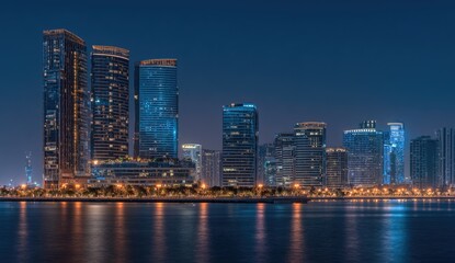 Naklejka premium Night cityscape, waterfront, skyscrapers, reflections, urban development, tourism, poster