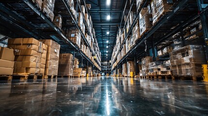 Obraz premium Vast Industrial Warehouse Interior with Shelves Full of Cardboard Boxes and Goods Ready for Distribution and Logistics