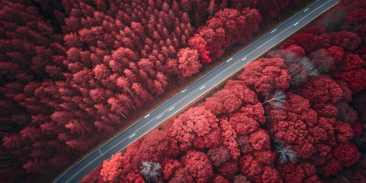 Red Forest Road: An aerial view showcases a winding road slicing through a forest, with an otherworldly landscape of vibrant red foliage creating a striking, artistic contrast.