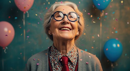 Joyful Elderly Woman Celebrating Birthday with Confetti and Balloons, Looking Up