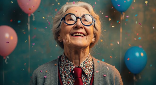 Joyful Elderly Woman Celebrating Birthday with Confetti and Balloons, Looking Up