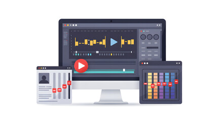 Modern Video Editing Software Interface on a Computer Display with Audio Visualizer and Control Panels