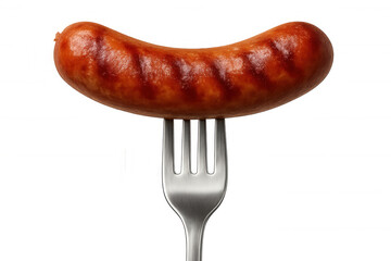 Grilled sausage skewered on silver fork, glistening with juices against crisp transparent background, perfect for culinary graphics