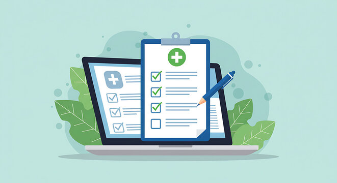 Digital medical record keeping on a laptop with a clipboard and pen illustrating healthcare technology