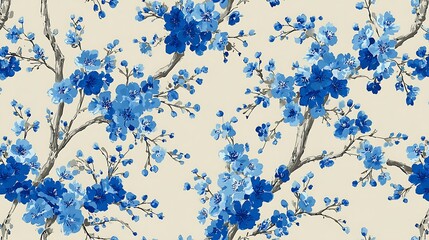 Chic Blue Floral Pattern on Cream Background Featuring Delicate Branches, Blossoms, and Botanical Elements