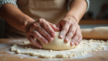 Heartwarming Generational Baking Moment Elder and Child Kneading Dough Together in Cozy Kitchen, Symbolizing Family Tradition, Love, and Culinary Connection