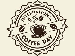 International coffee day celebration emblem with coffee cup and beans