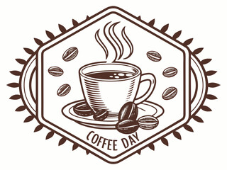 Emblematic illustration for coffee day featuring a steaming cup of coffee and beans