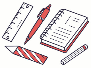 Collection of hand drawn school supplies including a ruler pen notebook and pencil