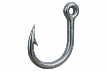 Sharp fishing hook gleaming against transparent backdrop, highlighting metallic details for nautical and outdoor design concepts