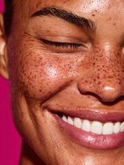 Fototapeta premium Smile Freckles Beauty Closeup Face Skin Portrait Happiness Laughter Expression Sunlight Natural Health Cheerful Diversity Cosmetics Glow Relaxation 