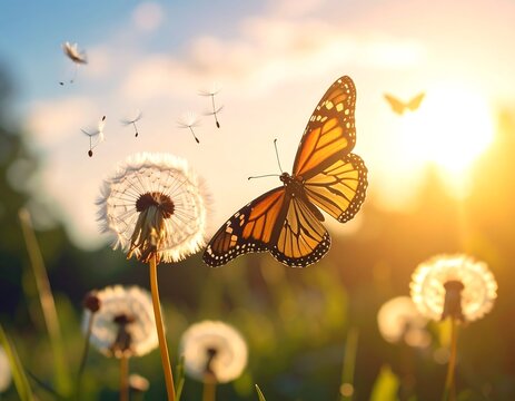 Fototapeta A butterfly soars near dandelions in a sunlit meadow