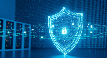 A image of a glowing holographic shield made of interconnected digital lines, standing in front of a massive wall of encrypted binary code. 