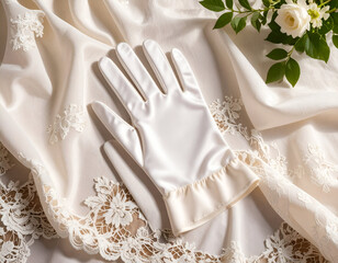 An elegant white satin evening glove mock up lying flat on a delicate lace tablecloth with ambient lighting and a rose