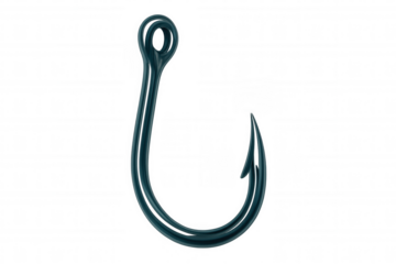 Sharp fishing hook gleaming, hanging against transparent backdrop, awaiting casting technique