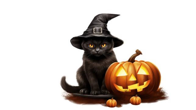 Adorable black cat wearing witch hat with glowing jack-o'-lantern, perfect for Halloween designs and festive projects