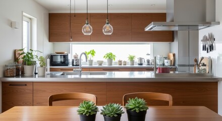 Modern Minimalist Kitchen Interior with Wooden Cabinets and Potted Plants