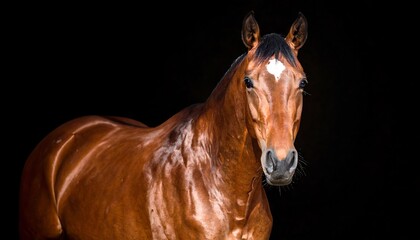 Elegant brown horse portrait against a black background, showing the graceful animal