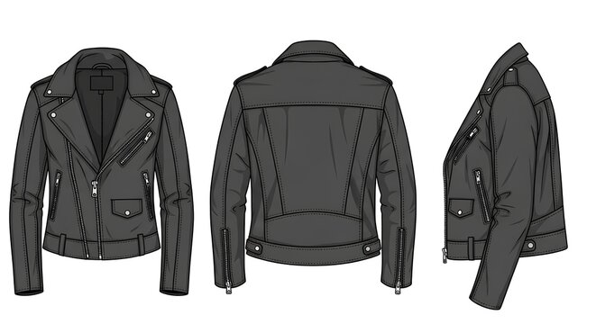 Women's Gray Leather Jacket Design Front, Back, and Side Views