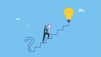 Businesswoman finding solution on stair connect question mark to light bulb. Problem solving skill, critical thinking or finding solution to solve problem, answer question, creativity or imagination.