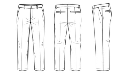 Fashion Design Vector Illustration Front, Back, and Side Views of Men's Trousers