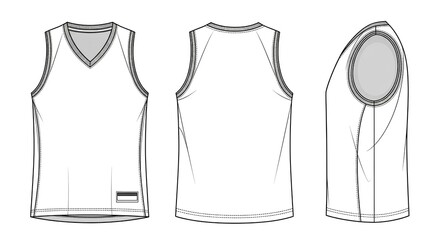 Versatile Blank Athletic Sleeveless Top Template for Apparel Design and Customization – Technical Flat Sketch of Sportswear Garment with Front, Back, and Side Views