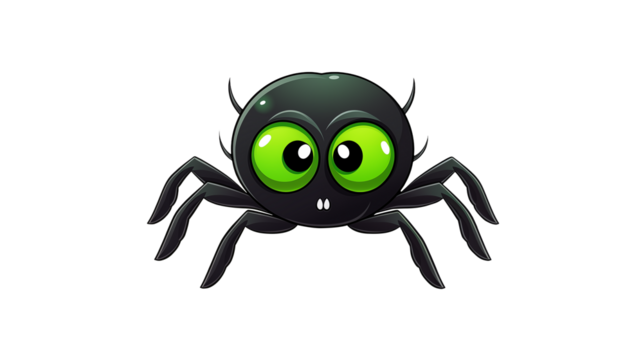 Adorable cartoon spider with vibrant green eyes, perfect for Halloween, kids' content, or playful projects, a dynamic, eye-catching design