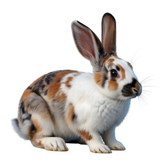Fototapeta premium Tortoiseshell rabbit with white fur and brown ears isolated on a transparent background calico