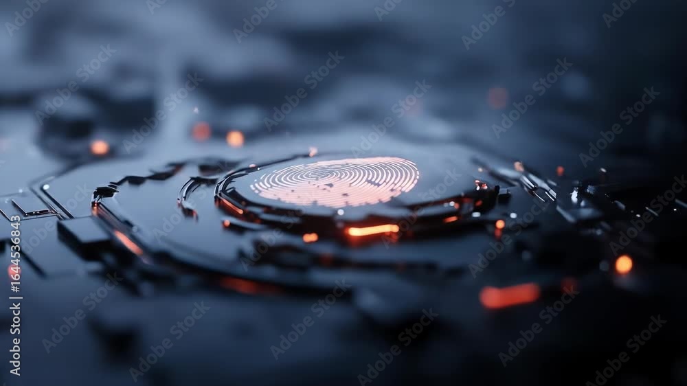 Poster futuristic biometric access animation: fingerprint scanning on high-tech circuit board