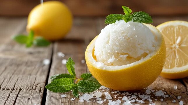 Lemon sorbet served in a lemon half with mint garnish on a rustic wooden surface with lemon slices