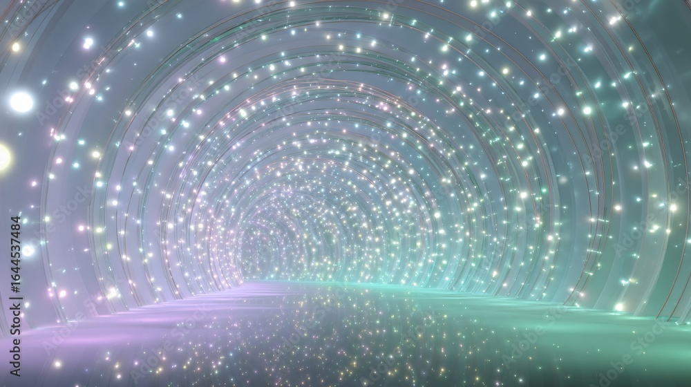 Poster abstract tunnel with glowing light particles.