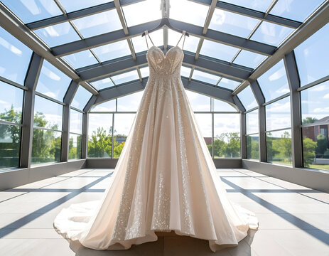 Capturing the serene beauty of a sparkly wedding gown, elegantly displayed under a luminous glass skylight, reflecting a radiant and hopeful glow for a special day.