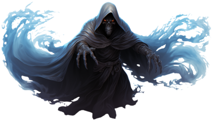 Terrifying spectral figure rising with menacing claws and glowing eyes, shrouded in dark cloak, perfect for horror themes