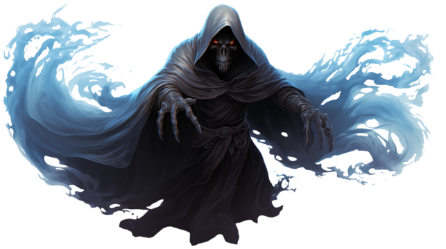 Terrifying spectral figure rising with menacing claws and glowing eyes, shrouded in dark cloak, perfect for horror themes