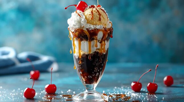A root beer float with vanilla ice cream, whipped cream, caramel drizzle, and a cherry on top in a glass