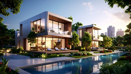 Modern homes by poolside with lush landscaping