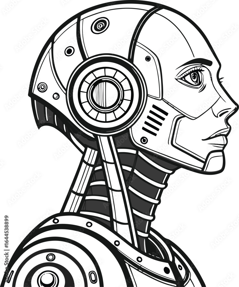 Poster a detailed front view illustration of a sophisticated cybernetic ai humanoid robot showcasing advanc