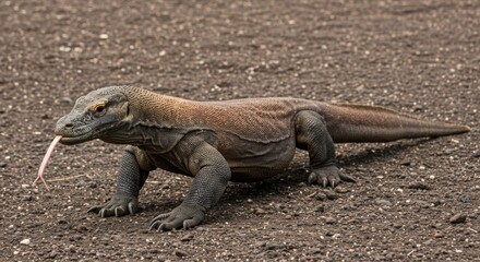 Obraz premium A powerful Komodo dragon walking across the rough terrain with its tongue flicking out