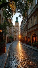 Obraz premium Cobblestone street at sunrise, church steeple visible at the end