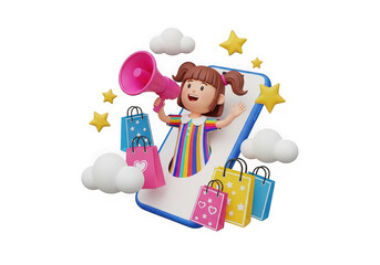 Obraz premium 3d illustration of happy child with megaphone and shopping bags on phone isolated on transparent background