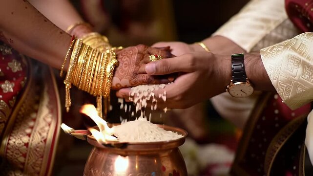 Dulhan radiant in her finery offers sacred rice with her groom in a hindu wedding fire ceremony. Ideal for wedding, cultural, and festive concepts.