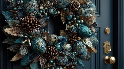 Naklejka premium Teal and gold holiday wreath on dark door