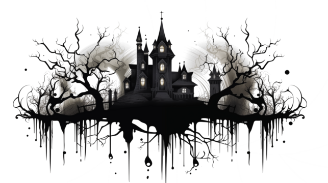Spooky haunted mansion scene with glowing windows and eerie trees, perfect for Halloween, horror, or fantasy projects