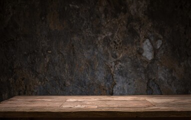 Dark Stone Wall and Wooden Table Background.
