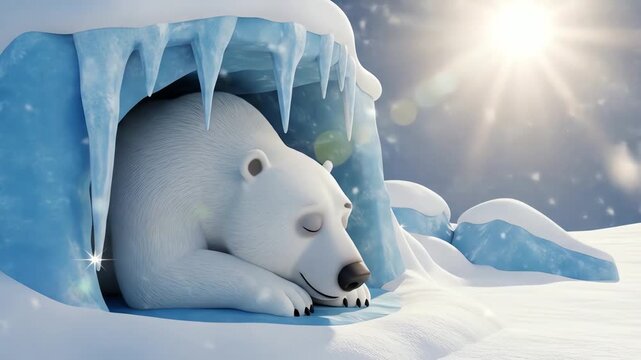 A serene arctic scene unfolds as a charming sleeping bear cartoon rests comfortably within its cozy, icy cavern, bathed in the gentle glow of sunlight.