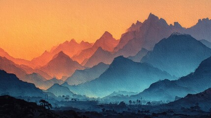 Layers of mountains at sunset, colored hues of orange, red, and blue