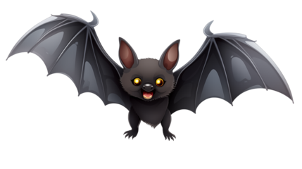 Adorable cartoon bat with open wings and glowing eyes perfect for Halloween designs and spooky projects with a fun, playful vibe